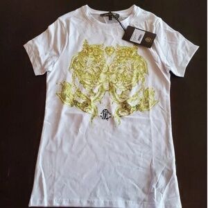 Roberto Cavalli T shirt Women Size XS Cobra Snake Gold Logo Authentic NEW